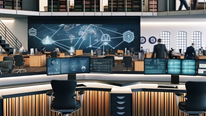 Modern cybersecurity operations center with multiple computer monitors displaying security data and network connections. In the background, a world map with security icons illustrates global connectivity, while staff members work collaboratively in the law firm office