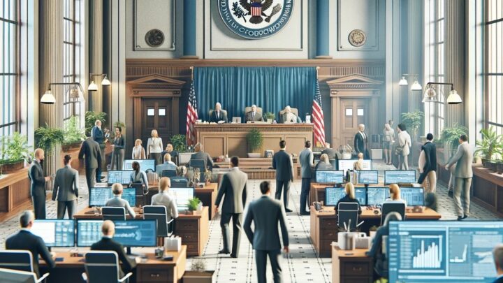 a group of people in a courtroom