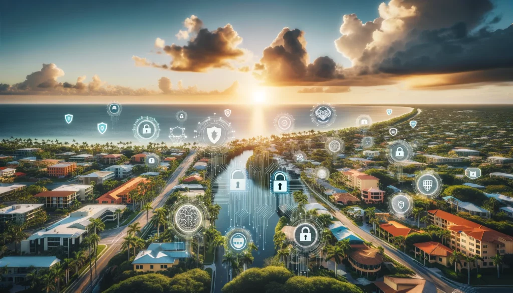 Scenic aerial view of a coastal residential area at sunset, with digital security icons overlayed, symbolizing cybersecurity and data protection across the connected community infrastructure