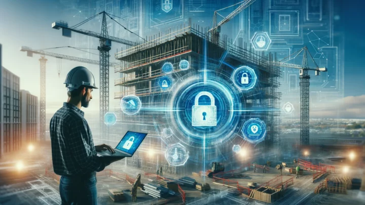 A construction site with cranes and scaffolding, overlaid with digital security icons like locks and shields, representing cybersecurity in the construction industry