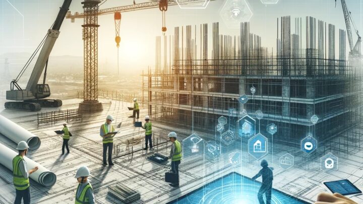 Construction site with workers in safety gear, using digital devices and blueprints amidst cranes and building frameworks. The scene integrates digital technology icons, symbolizing the use of advanced tech and connectivity in the construction industry for project planning and management