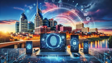 digital security concept with a Nashville cityscape at sunset in the background. In the foreground, a desk setup includes a laptop, smartphone, and tablet, each displaying digital security icons like fingerprints and padlocks, symbolizing secure access