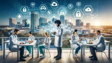 Doctors and medical staff are seated or standing, working on laptops and tablets, surrounded by holographic icons of medical and data security elements such as padlocks, hearts, and cloud connections