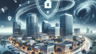 A glowing digital shield with a home icon hovers above the city, symbolizing protection and resilience against natural disasters