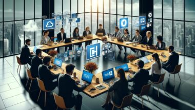 business meeting in a modern conference room with floor-to-ceiling windows overlooking a cityscape. with a group of individuals seated around a table, each working on laptops displaying digital icons representing cloud computing, cybersecurity, and IT services