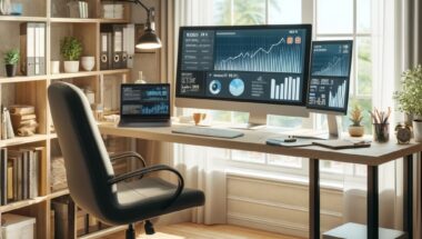 A modern home office setup with a large desk, multiple monitors displaying data analytics and charts, and a laptop