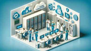 Isometric view of a healthcare data center, showcasing doctors and medical staff working with servers and monitoring digital health records on computers. Cloud computing and cybersecurity icons are displayed on the walls, symbolizing secure cloud data storage and digital infrastructure in a medical setting.