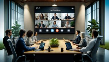 modern conference room setup with a team gathered around a table, participating in a Microsoft Teams video conference displayed on a large screen