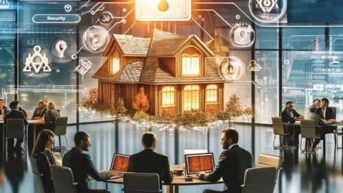 Business professionals seated around tables with laptops in a high-tech office, discussing cybersecurity. At the center, a glowing digital lock hovers over a model of a house, symbolizing data security and protection for real estate company