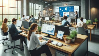 small business office space with employees working on computers and tablets, focusing on data analysis displayed on screens