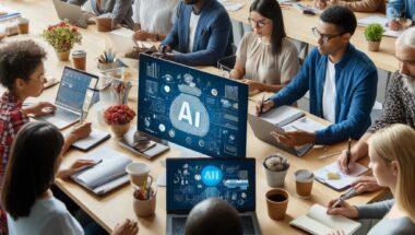 A diverse group of professionals gathered around a large table in a collaborative workspace, focusing on laptops and notebooks. Several laptops display graphics related to AI