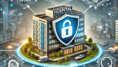 Illustration of a hospital building surrounded by digital security elements, including a large shield with a padlock symbol in the foreground.