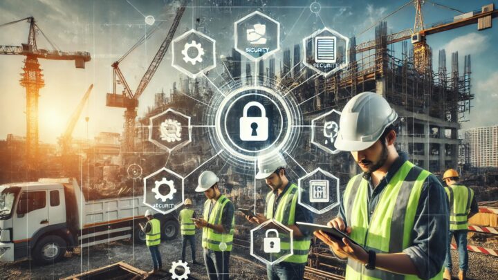 Construction site with workers in safety vests and hard hats using mobile devices. Overlay icons represent cybersecurity elements like locks, gears, and shields, emphasizing data security and mobile device security in construction