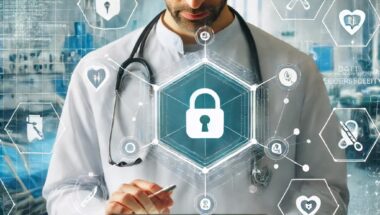 Doctor using a tablet with a graphic overlay of security icons, representing secure healthcare data management and cybersecurity in medical settings