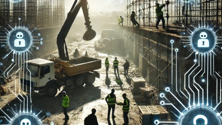 Construction site with heavy machinery and workers in safety vests and hard hats, overlaid with digital padlock symbols and security icons representing cybersecurity and data protection in industrial operations.