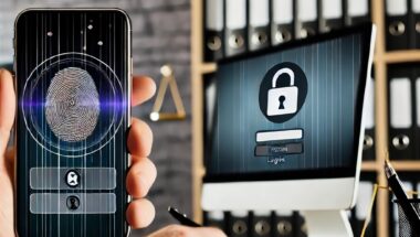 Image of a hand holding a smartphone displaying a fingerprint authentication screen, with a computer in the background showing a secure login screen, set in a law firm office, symbolizing secure access and data protection in legal practices