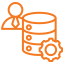 Icon of a database with a gear and user symbol, representing data management or database administration