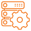 Icon representing server management, showing a server stack with a large gear beside it, symbolizing configuration, optimization, and maintenance of server infrastructure in IT environments