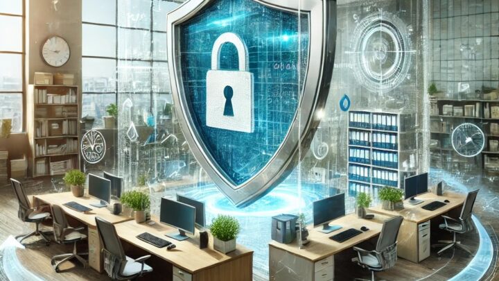 Secure office environment with a large shield icon and padlock at the center, symbolizing cybersecurity protection around a workspace, surrounded by digital elements representing data security and privacy