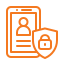 Icon of a mobile device displaying a user profile with a security shield and lock, representing secure identity management on mobile devices