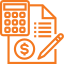 Icon of a calculator, document, dollar symbol, and pen, representing financial planning, budgeting, or accounting IT Support