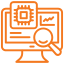 Icon of a computer screen with a microchip and magnifying glass, representing ai monitoring