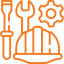 Icon of a construction helmet, wrench, screwdriver, and gear, representing Construction IT Support