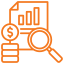 Icon showing a magnifying glass over a document with charts and a dollar symbol, representing financial analysis or auditing