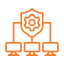 Icon representing secure network structure, with a shield at the top connected to three computers, symbolizing protected connectivity