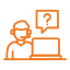 Icon of a person working on a laptop with a question mark in a speech bubble, representing technical support or troubleshooting assistance