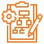 Icon of a clipboard with a flowchart, gear, and pencil, representing project planning, process management, or workflow design