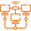 Icon of interconnected devices and components, representing network architecture or IT infrastructure