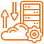 Icon of a cloud with upload and download arrows, a server, and a gear symbol, representing cloud data transfer, cloud storage, or cloud management services