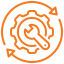 Icon of a gear with a wrench inside and circular arrows around it, representing maintenance, technical support, or system optimization