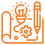 Icon of a blueprint with a lightbulb, gear, and pencil, representing planning, design, or innovation