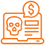 Computer screen displaying a skull and dollar symbol, representing ransomware threat or cyber extortion