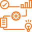 icon depicting workflow elements like checkmarks, gears, and light bulbs, representing process management, innovation, or project planning