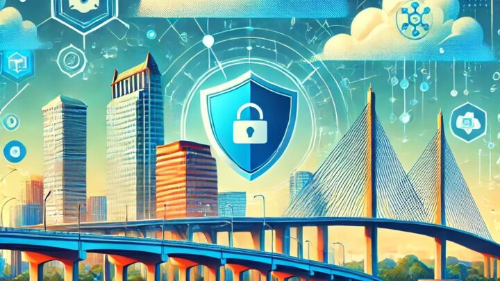 Illustration of a Tampa FL featuring a bridge and high-rise buildings, with a prominent shield icon in the center symbolizing cybersecurity