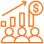 Icon of a group of people in front of a bar graph with an upward arrow and a dollar symbol, representing business growth, financial success, or team productivity