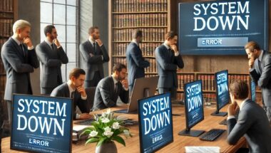 Illustration of a modern law firm office with multiple lawyers appearing frustrated and concerned while looking at computer screens displaying 'System Down' or 'Error' messages