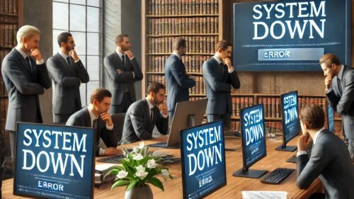 Illustration of a modern law firm office with multiple lawyers appearing frustrated and concerned while looking at computer screens displaying 'System Down' or 'Error' messages