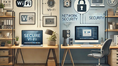 a laptop vs desktop setup in a hybrid work environment, highlighting key security considerations for each