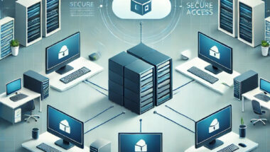 depicting the theme of Virtual Desktop Infrastructure (VDI) for small businesses, highlighting elements such as central management, remote access, and cost savings